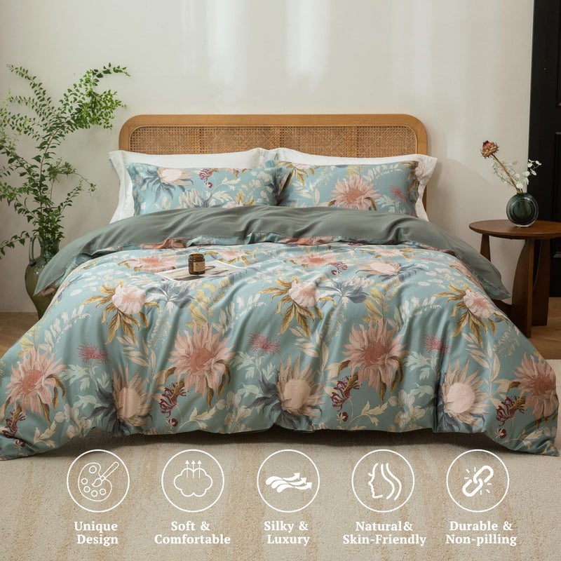 MILDLY Queen Size Duvet Cover Set 100% Long-Staple Cotton Luxury Vintage Floral Patten Reversible Comforter Cover Set 3Pcs - Image 2