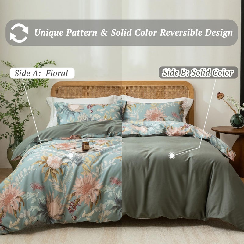 MILDLY Queen Size Duvet Cover Set 100% Long-Staple Cotton Luxury Vintage Floral Patten Reversible Comforter Cover Set 3Pcs - Image 3