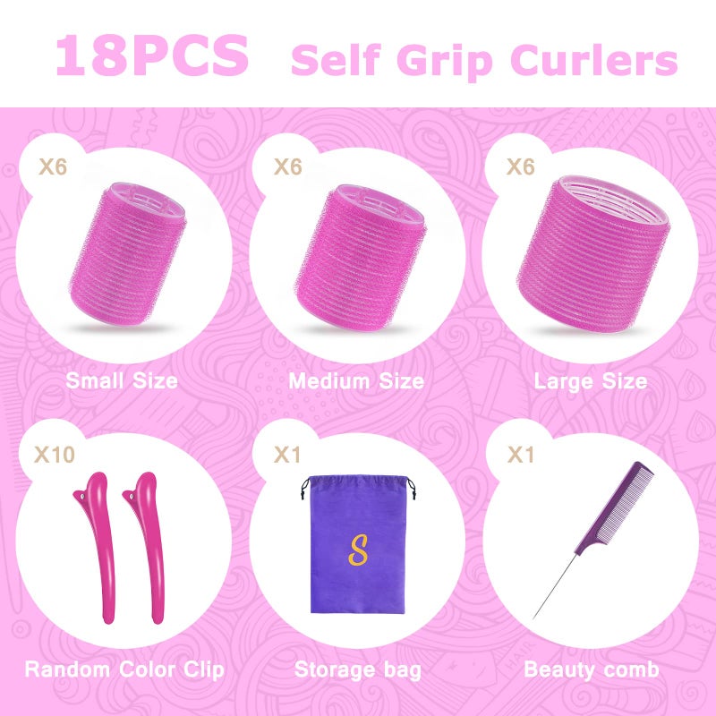 Sungenol Self grip hair roller set,18 pcs,Hair rollers with hair roller clips and comb,Salon hairdressing curlers,DIY Hair Styles, Sungenol 3 Sizes Rose red Hair Rollers in 1 set - Image 4
