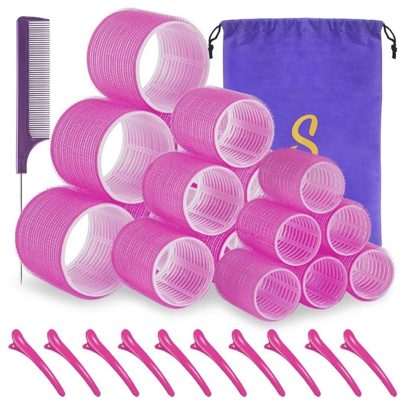 Sungenol Self grip hair roller set,18 pcs,Hair rollers with hair roller clips and comb,Salon hairdressing curlers,DIY Hair Styles, Sungenol 3 Sizes Rose red Hair Rollers in 1 set - Image 1