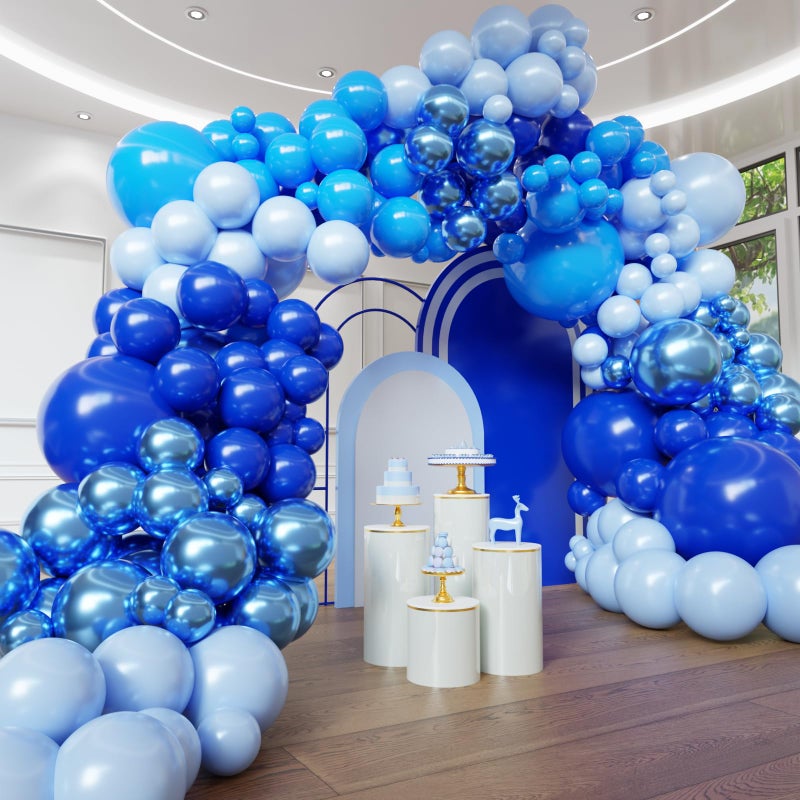 YMSZ Blue Balloon Arch Kit 102pcs Royal Blue Pastel Blue Metallic Blue Difference Sizes Latex Balloons with 16ft Tape Strip Dot Glue for Baby Shower Birthday Graduation Decoration - Image 3