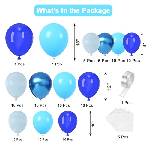 YMSZ Blue Balloon Arch Kit 102pcs Royal Blue Pastel Blue Metallic Blue Difference Sizes Latex Balloons with 16ft Tape Strip Dot Glue for Baby Shower Birthday Graduation Decoration - Image 5