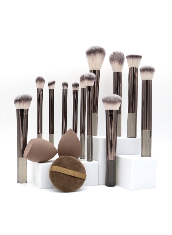 Flawless Base Makeup Brushes 12, Sponges 2 And Powder Puff Set, For Foundation Contour Blush Highlight Blending Cream Liquid Powder Cosmetic - Quality Brushes. (Coffee Brown) - Image 2