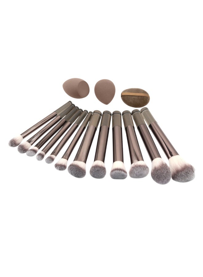 Flawless Base Makeup Brushes 12, Sponges 2 And Powder Puff Set, For Foundation Contour Blush Highlight Blending Cream Liquid Powder Cosmetic - Quality Brushes. (Coffee Brown) - Image 3