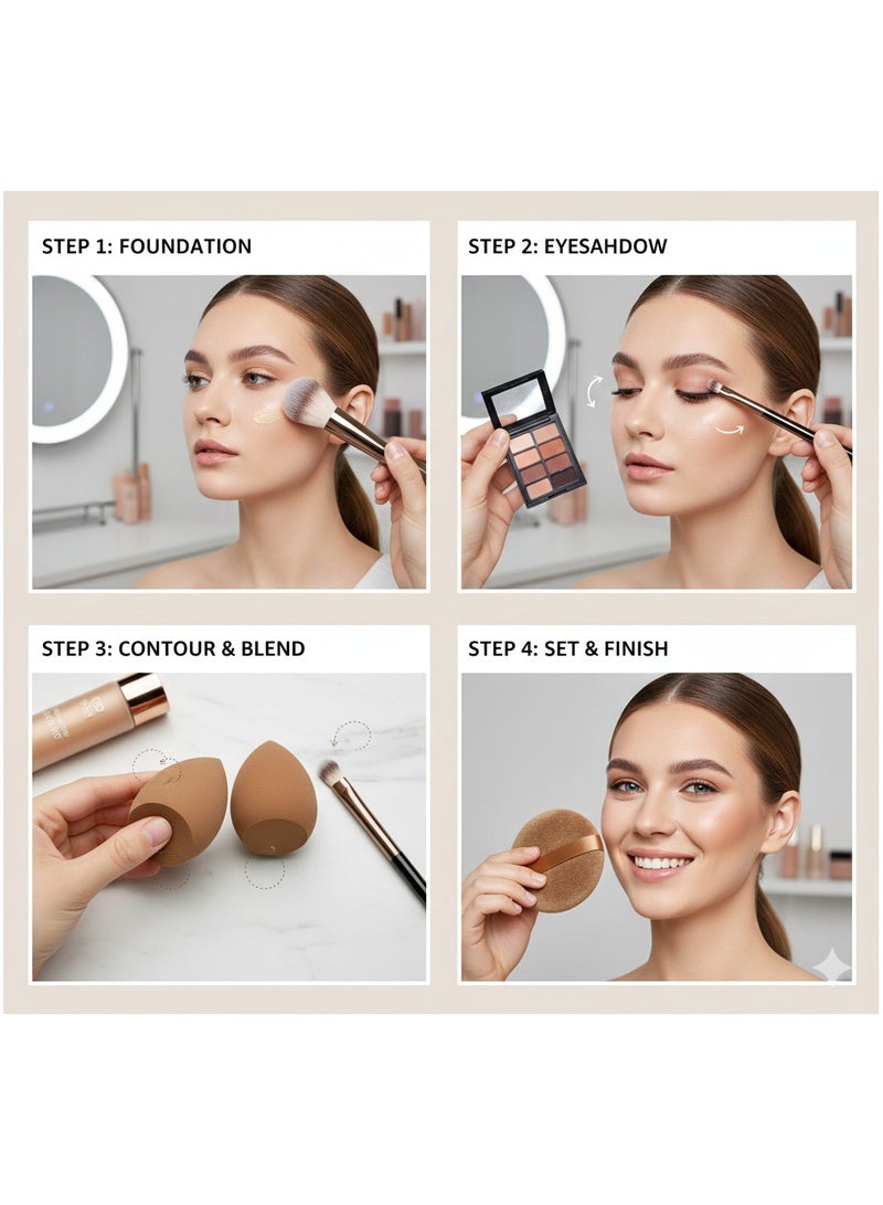مجموعة فرش مكياج أساسية مثالية، ١٢ فرشاة، ٢ إسفنجة، وإسفنجة بودرة، لكريم الأساس، وتحديد الوجه، وأحمر الخدود، وكريم الدمج، وبودرة التجميل السائلة - فرش عالية الجودة (بني فاتح) - Image 2