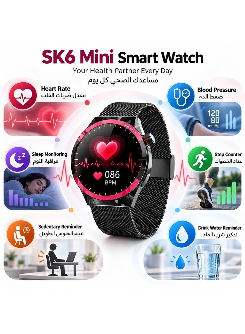كالوبي ساعة ذكية SK6 Mini للرجال والنساء، مكالمات بلوتوث، شاشة HD مقاس 1.27 بوصة، سواران قابلان للتبديل، قياس نبض القلب والأكسجين، تتبع النوم، مقاومة الماء IP67 - Image 4