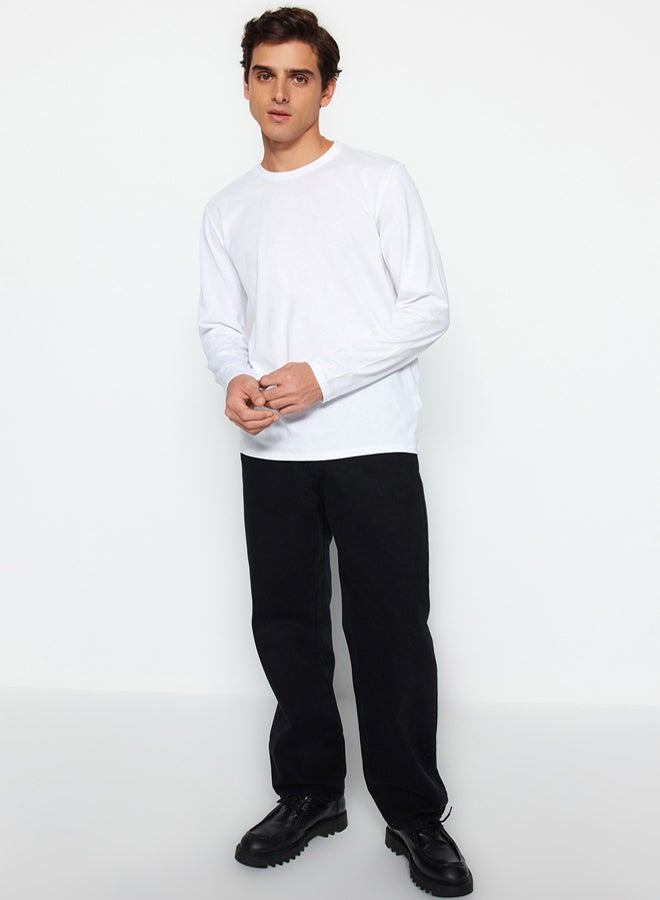 trendyol White Basic Regular Cut Crew Neck Long Sleeve 100% Cotton T-Shirt TMNAW21TS0208 - Image 3
