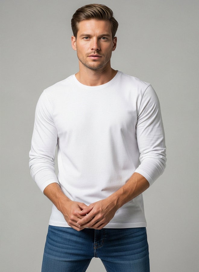 trendyol White Basic Regular Cut Crew Neck Long Sleeve 100% Cotton T-Shirt TMNAW21TS0208 - Image 2