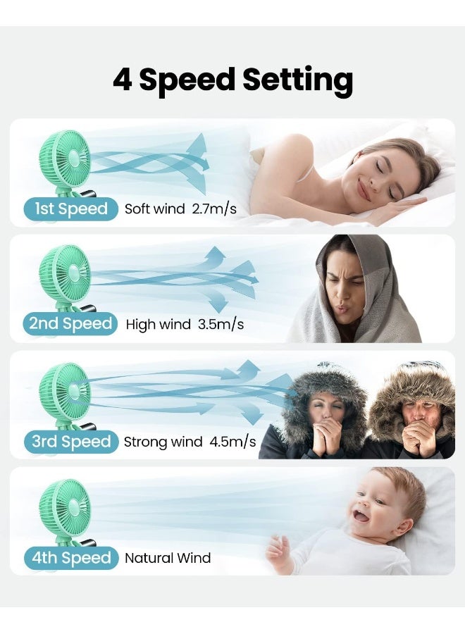 Gaiatop Oscillating Baby Stroller Fan, LED Night Light 4 Speeds Rechargeable 360Â° Rotate Clip On, Battery Operated Small Portable Cooling Fans for Car Seat Crib Treadmill Travel (Green) - Image 5