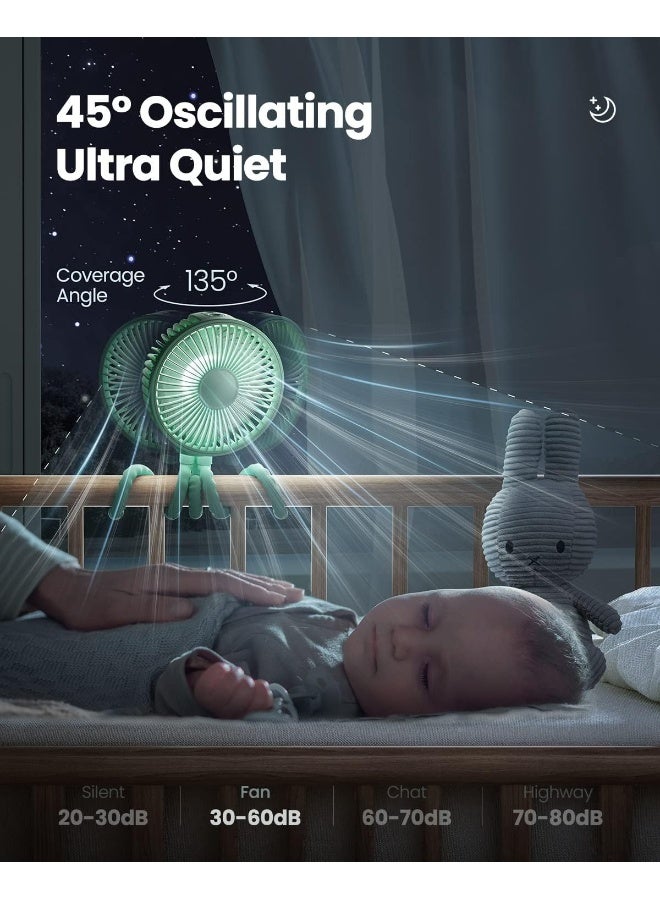 Gaiatop Oscillating Baby Stroller Fan, LED Night Light 4 Speeds Rechargeable 360Â° Rotate Clip On, Battery Operated Small Portable Cooling Fans for Car Seat Crib Treadmill Travel (Green) - Image 2