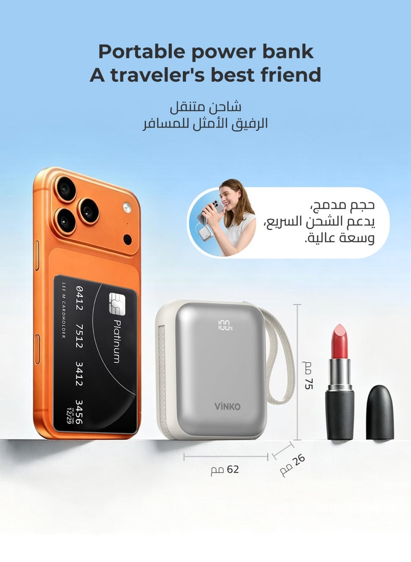 VINKO V9 PRO 10000mAh Mini Power Bank,35W Fast Charging,Pocket-size, Built-in Cable Lightning and Type-c,Two-Way Charging with Usb-C Integrated Cable, One Usb-C Port, Smart Digital Display,Mobile Power Suitable For iPhone17promax/16pro/16/15/14 series,SamsungGalaxyS24/S23Series,samsung,xiaomi,huawei,Android Tablets, Gaming Devices, Can Travel Anywhere by Plane-Blue - Image 2