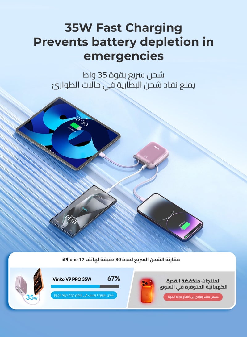 VINKO V9 PRO 10000mAh Mini Power Bank,35W Fast Charging,Pocket-size, Built-in Cable Lightning and Type-c,Two-Way Charging with Usb-C Integrated Cable, One Usb-C Port, Smart Digital Display,Mobile Power Suitable For iPhone17promax/16pro/16/15/14 series,SamsungGalaxyS24/S23Series,samsung,xiaomi,huawei,Android Tablets, Gaming Devices, Can Travel Anywhere by Plane-Blue - Image 5