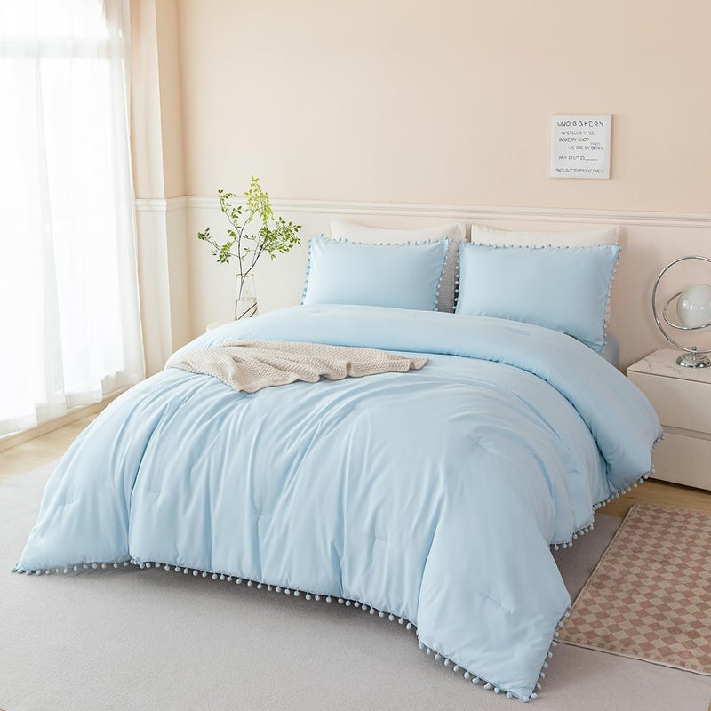 PERFEMET 5 Pieces Twin Bedding Sets Light Blue Pom Pom Comforter Set for Girls Boys Soft Fluffy Solid Boho Bed in A Bag with Comforter and Sheets(Light Blue, Twin) - Image 1