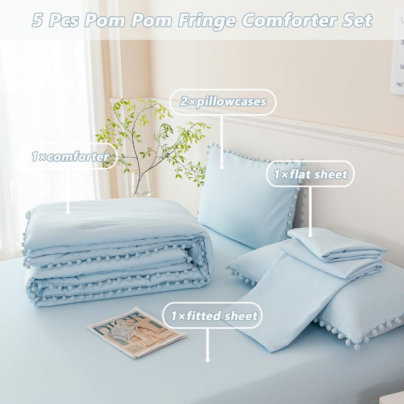 PERFEMET 5 Pieces Twin Bedding Sets Light Blue Pom Pom Comforter Set for Girls Boys Soft Fluffy Solid Boho Bed in A Bag with Comforter and Sheets(Light Blue, Twin) - Image 3