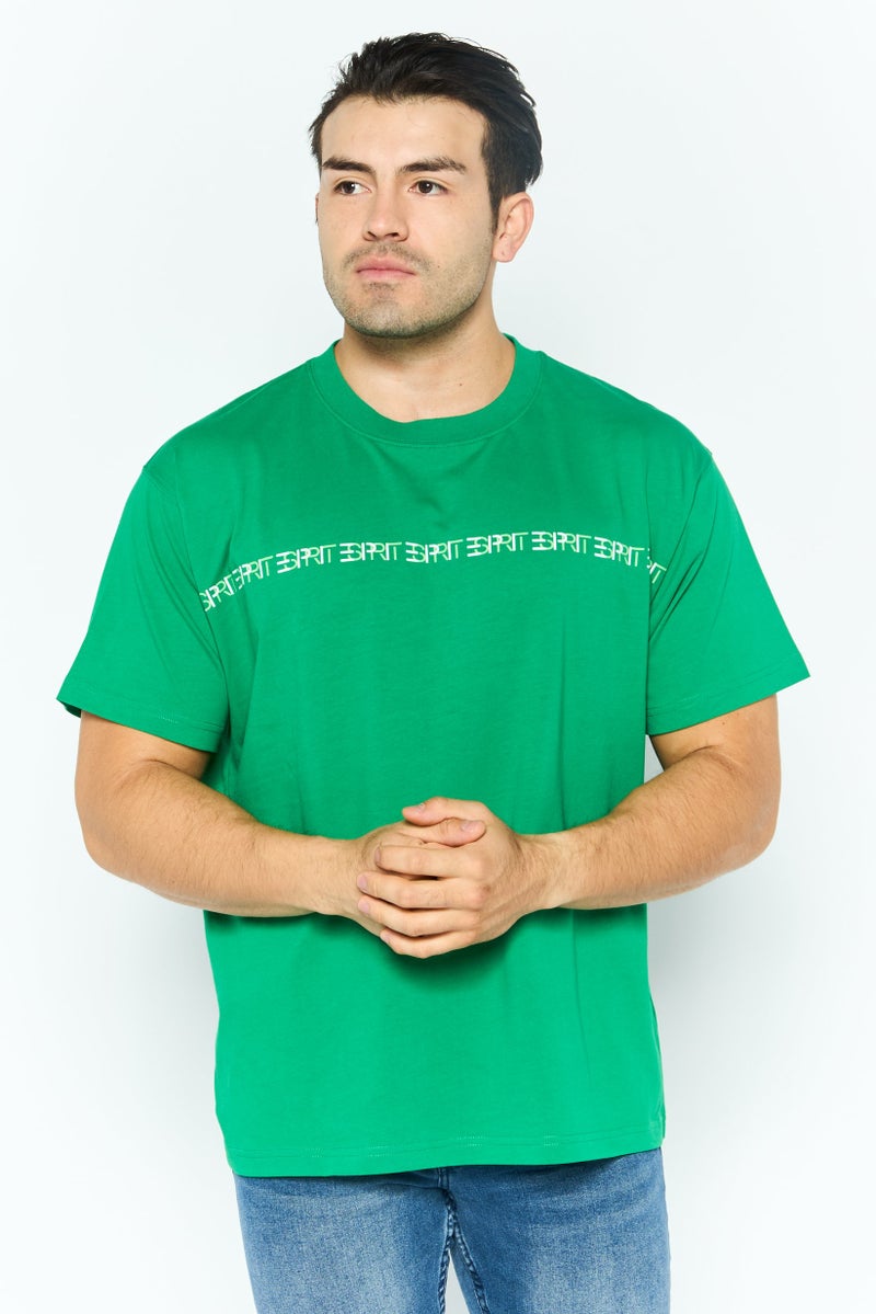 ESPRIT تي شيرت رجالي بأكمام قصيرة وياقة دائرية بشعار العلامة التجارية، أخضر - Image 1