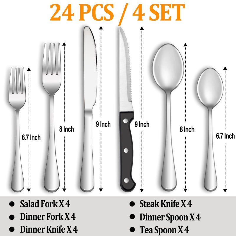 MUTNITT Silverware Set with Steak Knives Service for 4,Stainless Steel Flatware, Mirror Polished Cutlery Utensil Set for Home Kitchen Eating Tableware, Include Fork Knife Spoon, Dishwasher Safe - Image 2