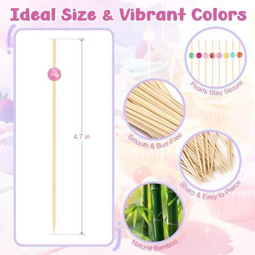Vicuna R 200PCS Cocktail Picks, Colored Pearl Fancy Toothpicks for Appetizers, 4.7 IN Long Decorative Bamboo Skewers, Wooden Garnish Sticks for Food Drinks Fruit Charcuterie Boards Accessories Party Supplies - Image 2