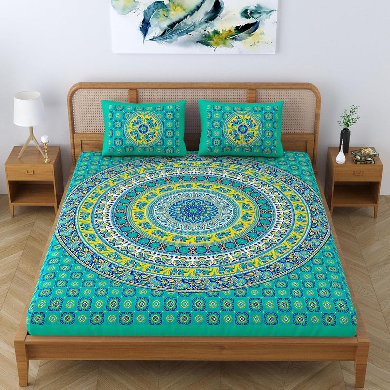 SheetKart Elephant Mandala 144 TC 100 Cotton Double King Size Bedsheet with 2 Pillow Covers Green Character 228 CM x 228 CM - Image 5