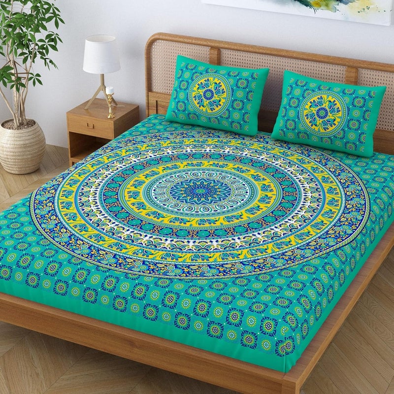 SheetKart Elephant Mandala 144 TC 100 Cotton Double King Size Bedsheet with 2 Pillow Covers Green Character 228 CM x 228 CM - Image 3