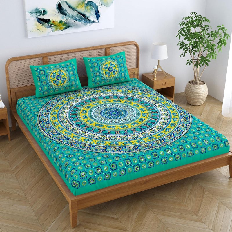 SheetKart Elephant Mandala 144 TC 100 Cotton Double King Size Bedsheet with 2 Pillow Covers Green Character 228 CM x 228 CM - Image 4