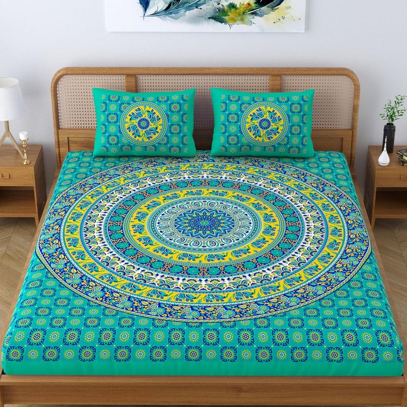 SheetKart Elephant Mandala 144 TC 100 Cotton Double King Size Bedsheet with 2 Pillow Covers Green Character 228 CM x 228 CM - Image 2