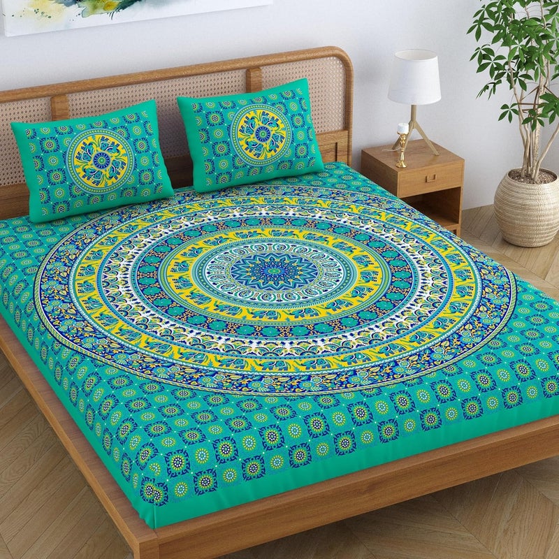 SheetKart Elephant Mandala 144 TC 100 Cotton Double King Size Bedsheet with 2 Pillow Covers Green Character 228 CM x 228 CM - Image 1