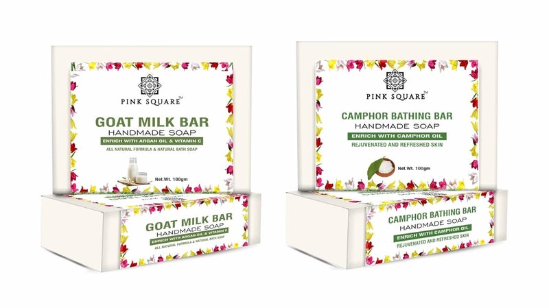 Pink Square 100 Natural Goat Milk Bar  Camphor with Shea Care for Moisturizing of Skin Bathing Bar Soap Combo Pack Of 2 of 100 Grams200 Grams - Image 1