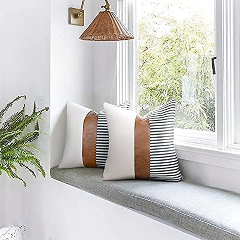 TOMWISH Decorative Throw Pillowcovers 18X18 Set of 2 Modern White and Navy Blue Striped Brown Artificial Leather Linen Patchwork Cushion Cover for Bed Bedroom Sofa - Image 2