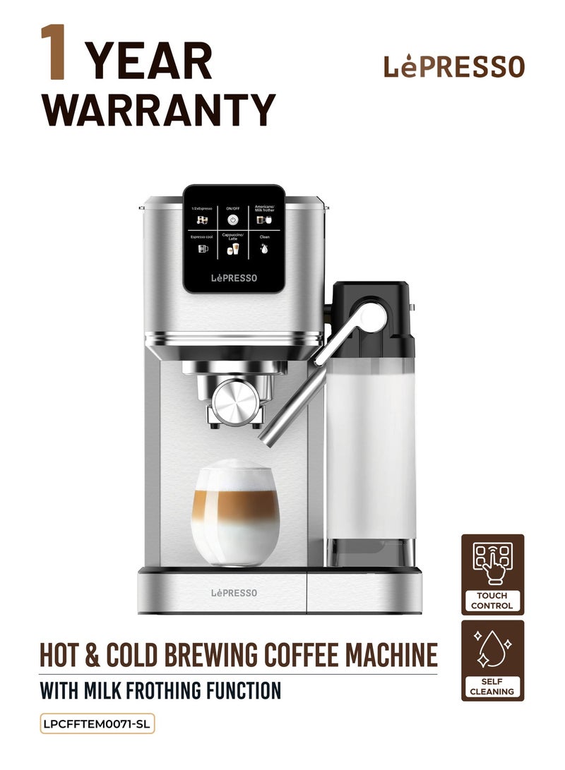LePRESSO Brewing Coffee Machine with Built-In Milk Frother, Hot and Cold Coffee Brewing Maker with Self Cleaning, 20Bar Pump Coffee Machine, Touch Control Coffee Maker with Multiple Brewing Option - Silver - Image 1