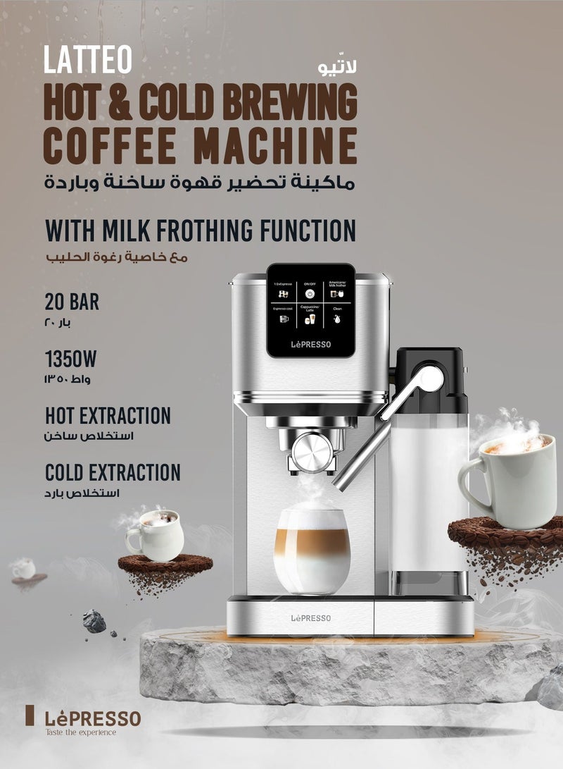 LePRESSO Brewing Coffee Machine with Built-In Milk Frother, Hot and Cold Coffee Brewing Maker with Self Cleaning, 20Bar Pump Coffee Machine, Touch Control Coffee Maker with Multiple Brewing Option - Silver - Image 2