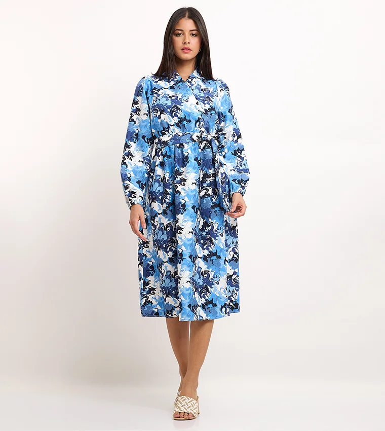 بيفرلي هيلز بولو كلوب فستان ميدي نسائي بأكمام طويلة وياقة مطبوعة