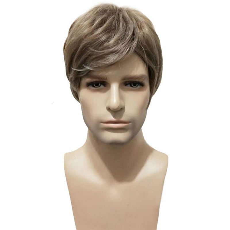 BERON Men Wigs Short Straight Heat Resistant Synthetic Wig Come with Wig Cap Mixed Ash Blonde