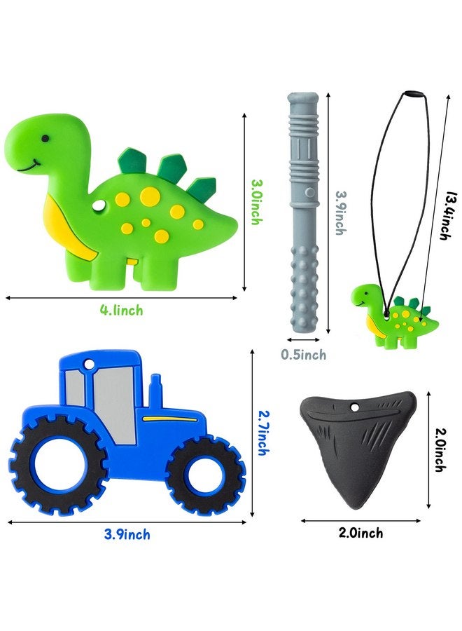 GROBRO7 4Pcs Sensory Chew Necklaces Car Teether Shark Tooth Food Grade Silicone Teething Chewing Toy Dinosaur Chewable Pendant for Infant Nibble Oral Motor Autism ADHD Boy Girl Kids - Image 2
