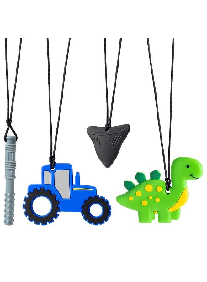 GROBRO7 4Pcs Sensory Chew Necklaces Car Teether Shark Tooth Food Grade Silicone Teething Chewing Toy Dinosaur Chewable Pendant for Infant Nibble Oral Motor Autism ADHD Boy Girl Kids - Image 1