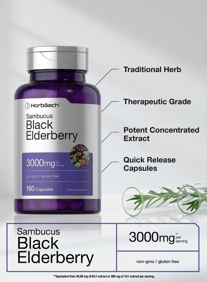 Horbäach Black Elderberry | 3000mg Capsules | 180 Count | Non-GMO, Gluten Free | Sambucus Extract Supplement - Image 3