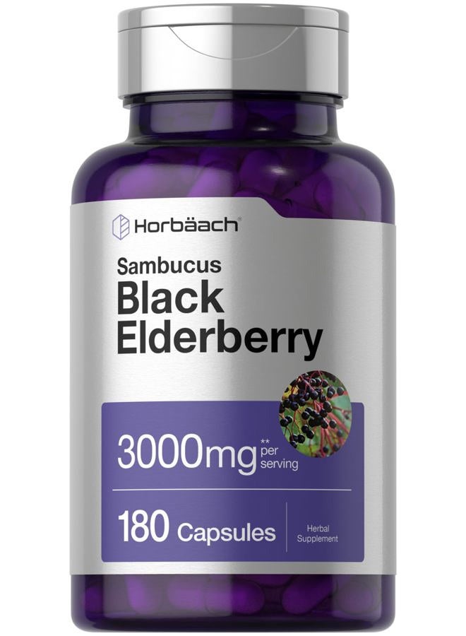 Horbäach Black Elderberry | 3000mg Capsules | 180 Count | Non-GMO, Gluten Free | Sambucus Extract Supplement - Image 1