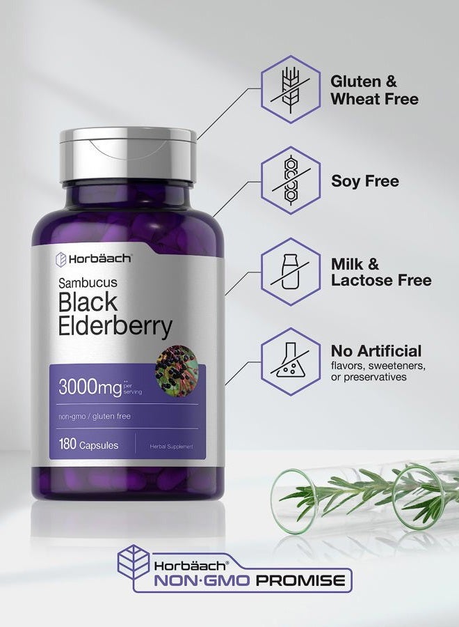 Horbäach Black Elderberry | 3000mg Capsules | 180 Count | Non-GMO, Gluten Free | Sambucus Extract Supplement - Image 4