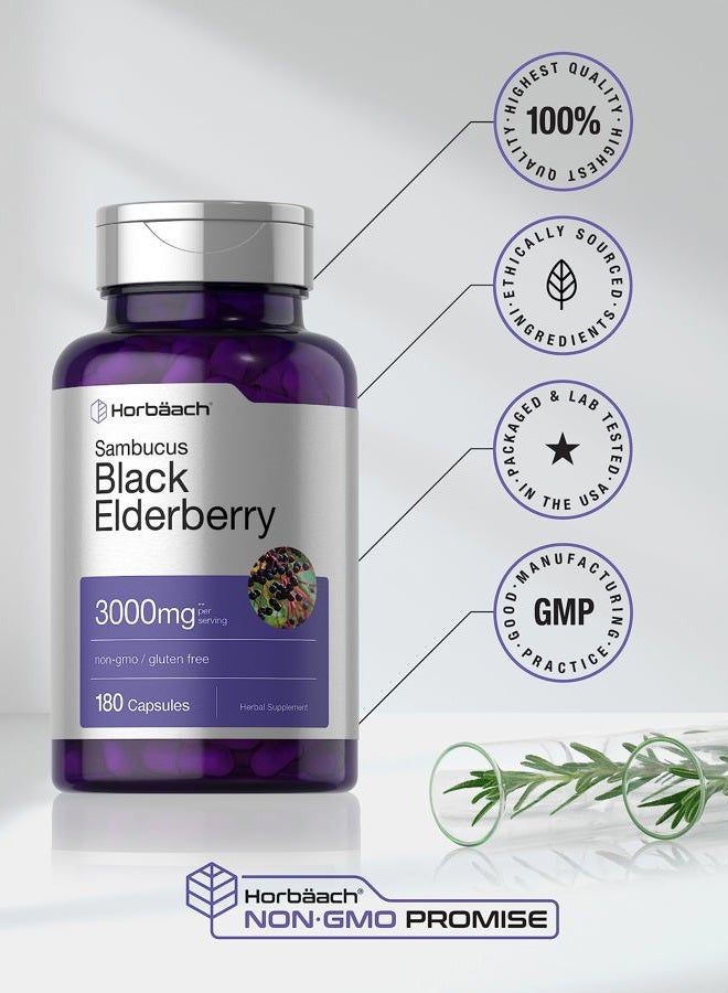 Horbäach Black Elderberry | 3000mg Capsules | 180 Count | Non-GMO, Gluten Free | Sambucus Extract Supplement - Image 5