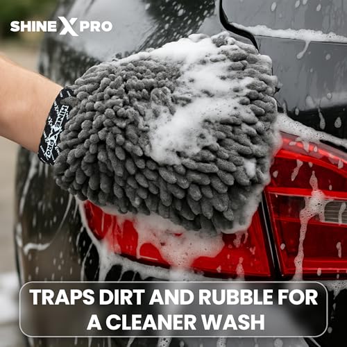 ShineXPro Chenille Microfiber Wash Mitt - Ultra Soft, Extra Plush, Dual Sided, Scratch Free and Super Absorbent Car Duster Gloves - Premium Car and Bike Washing Accessories - Image 3