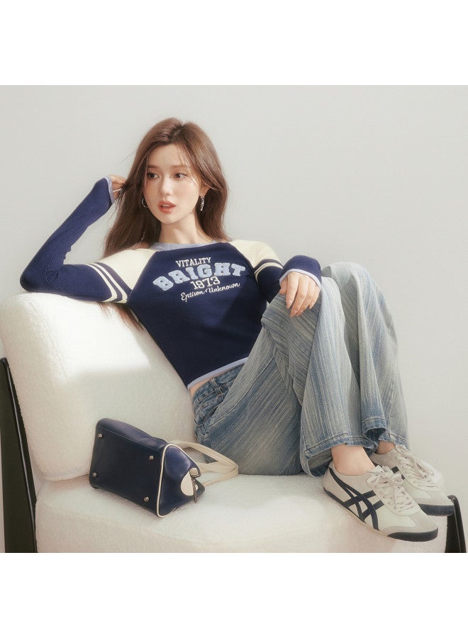 EPTISON كنزة محبوكة بأكمام طويلة للنساء خريفية بتطريز حروف بتصميم عتيق بلون كتلة مقصوصة ضيقة - Image 3