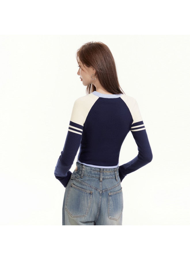 EPTISON كنزة محبوكة بأكمام طويلة للنساء خريفية بتطريز حروف بتصميم عتيق بلون كتلة مقصوصة ضيقة - Image 5