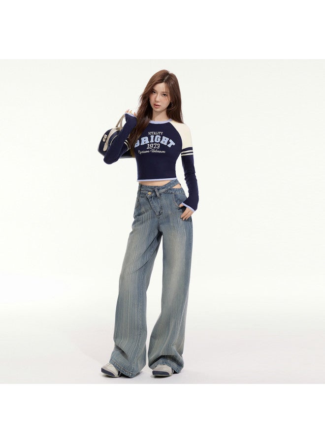 EPTISON كنزة محبوكة بأكمام طويلة للنساء خريفية بتطريز حروف بتصميم عتيق بلون كتلة مقصوصة ضيقة - Image 4