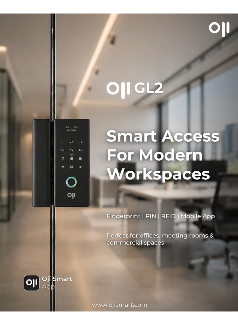 أوجي سمارت Oji GL2 Glass Door Smart Lock, Fingerprint, RFID, PIN Code, Oji Smart App Control, or Mechanical Key, Suitable for Office, Conference Room, and Commercial Glass Door applications - Image 2