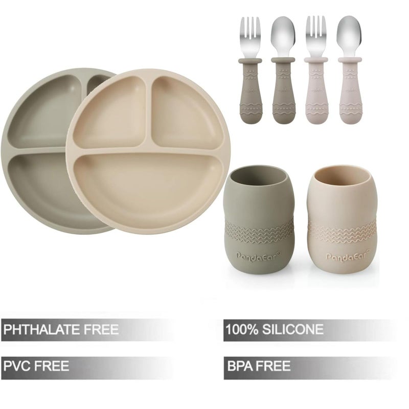 PandaEar Silicone Baby Feeding Set| 2 Pack Silicone Divided Suction Plate and 2 Pack Tiny Cup with 2 Spoons 2 Forks| Baby Led Weaning Supplies Self Feeding Eating Utensils (Silverware Set) - Image 2
