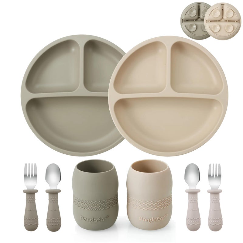 PandaEar Silicone Baby Feeding Set| 2 Pack Silicone Divided Suction Plate and 2 Pack Tiny Cup with 2 Spoons 2 Forks| Baby Led Weaning Supplies Self Feeding Eating Utensils (Silverware Set) - Image 1