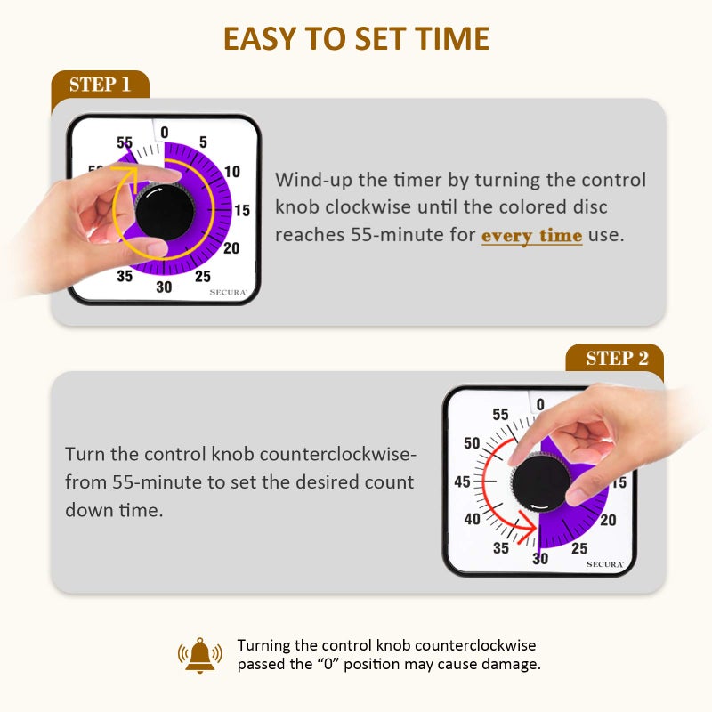 Secura 60-Minute Visual Countdown Timer, 7.5-Inch Oversize Classroom Visual Timer for Kids and Adults, Durable Mechanical Kitchen Timer Clock with Magnetic Backing (Purple) - Image 2