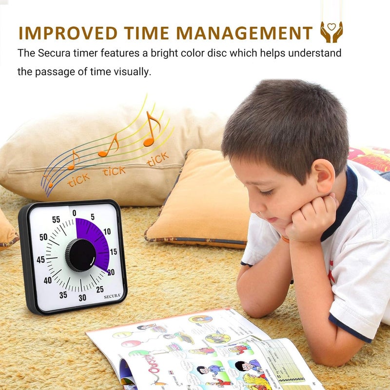 Secura 60-Minute Visual Countdown Timer, 7.5-Inch Oversize Classroom Visual Timer for Kids and Adults, Durable Mechanical Kitchen Timer Clock with Magnetic Backing (Purple) - Image 3