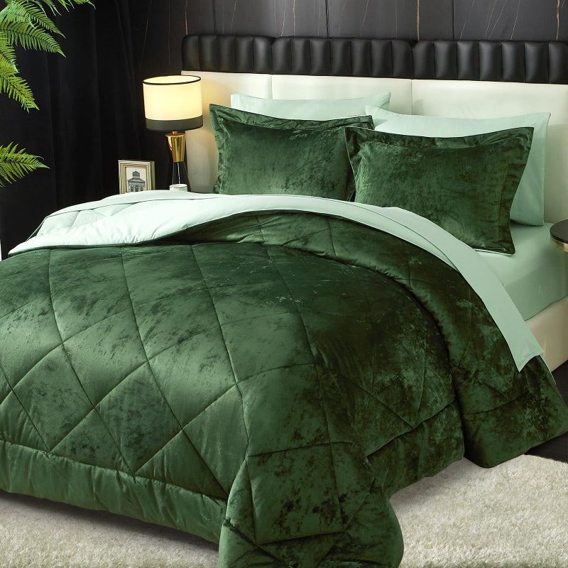 Ivellow Queen Comforter Set 7 Pieces Bed in a Bag Crushed Velvet Comforter Set Flannel Queen Green Comforter Ultra Soft Breathable Luxury Soft Warm Winter Bedding Set with Sheets, Pillowcases & Shams - Image 1