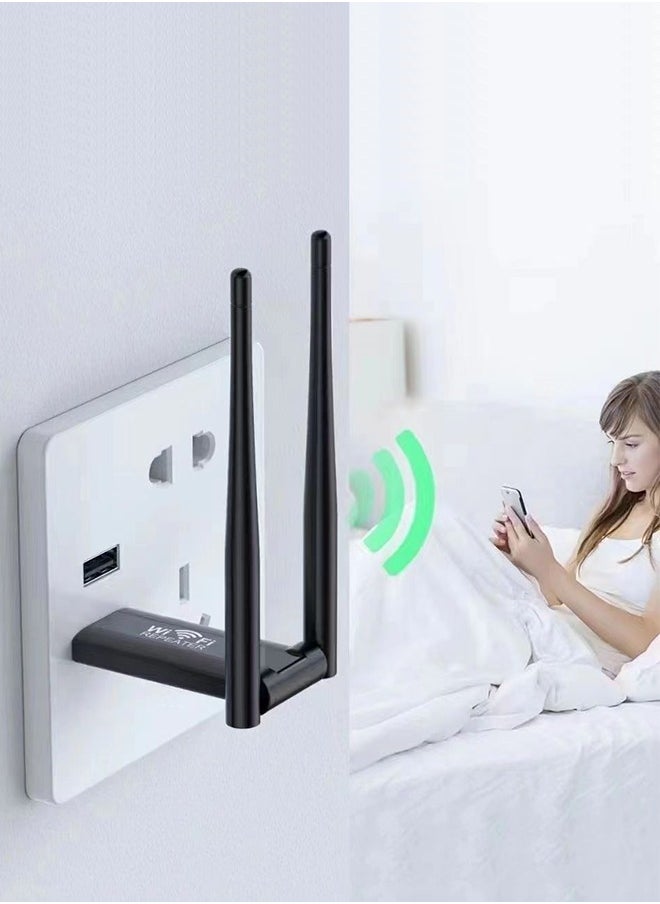 USB WiFi Adapter，Ethernet adapter, portable wireless encryption dongle, high gain dual antenna, suitable for PC desktop laptops, suitable for offices and homes (black)
