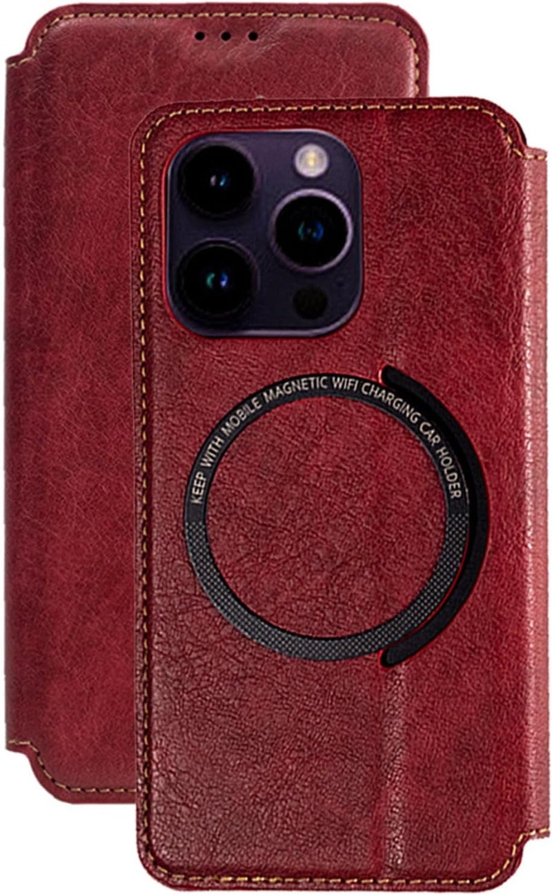 YUANSHXM-Flip Case for iPhone 16 Pro Max/16 Pro/16 Plus/16,All-Inclusive Protection Leather Magnetic Phone Cover Support Wireless Charging Card Slots Wallet Cover (16 Pro Max,Red) - Image 1